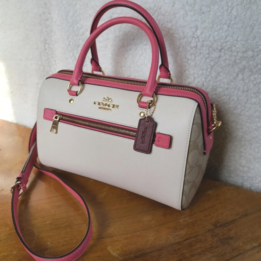 NWT Coach Colorblock Rowan Satchel Handbag Ivory/Pink/Red Leather Signature